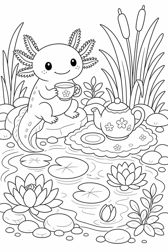 Cute Axolotl Axolotl Tea Pond coloring page