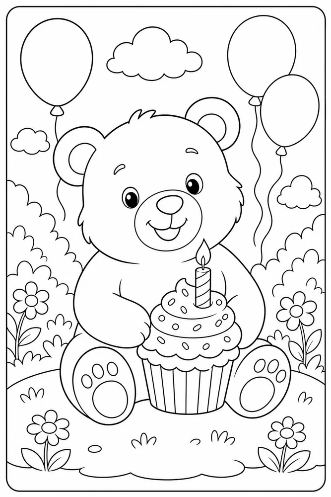 Cute Bear Bear Birthday Cupcake coloring page