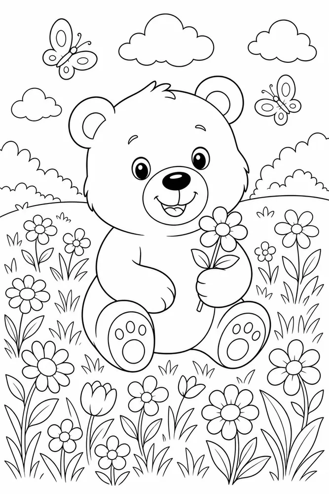 Cute Bear Bear Flower Meadow coloring page