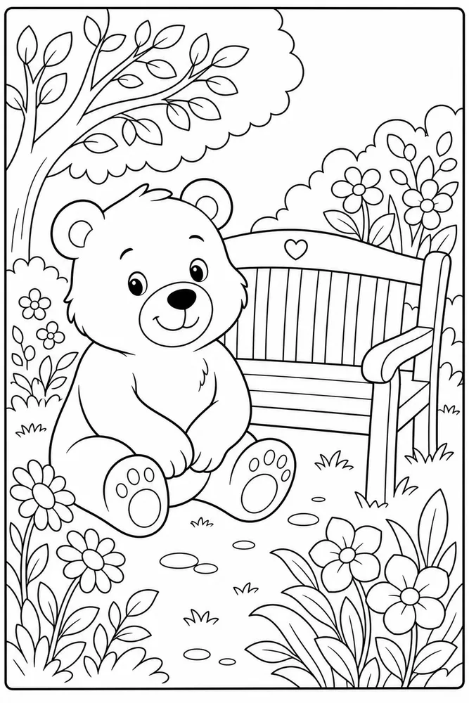 Cute Bear Bear Garden Bench coloring page