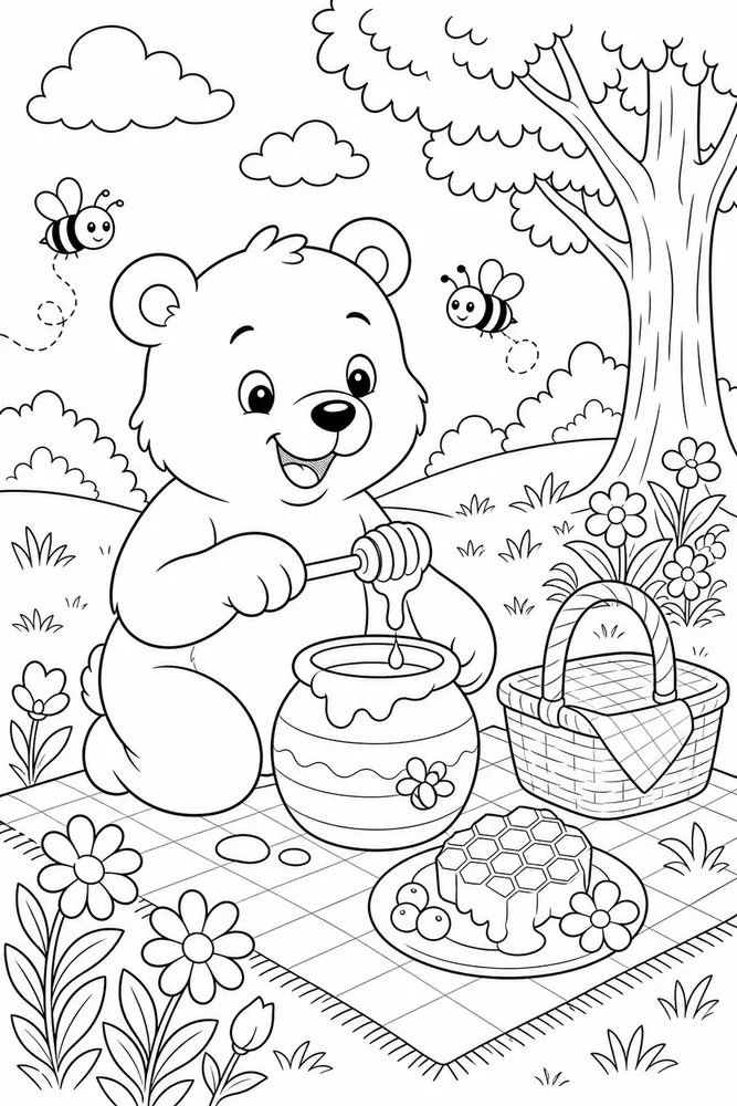 Cute Bear Coloring Pages preview: Cute Bear Bear Honey Picnic coloring page