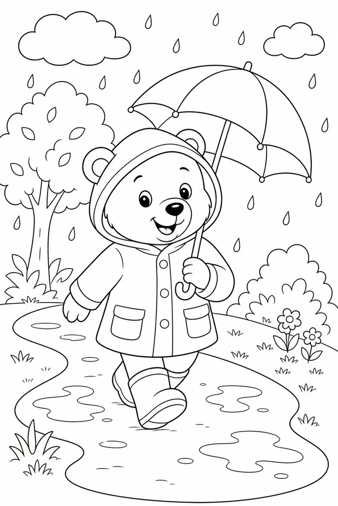 Cute Bear Bear Raincoat Walk coloring page