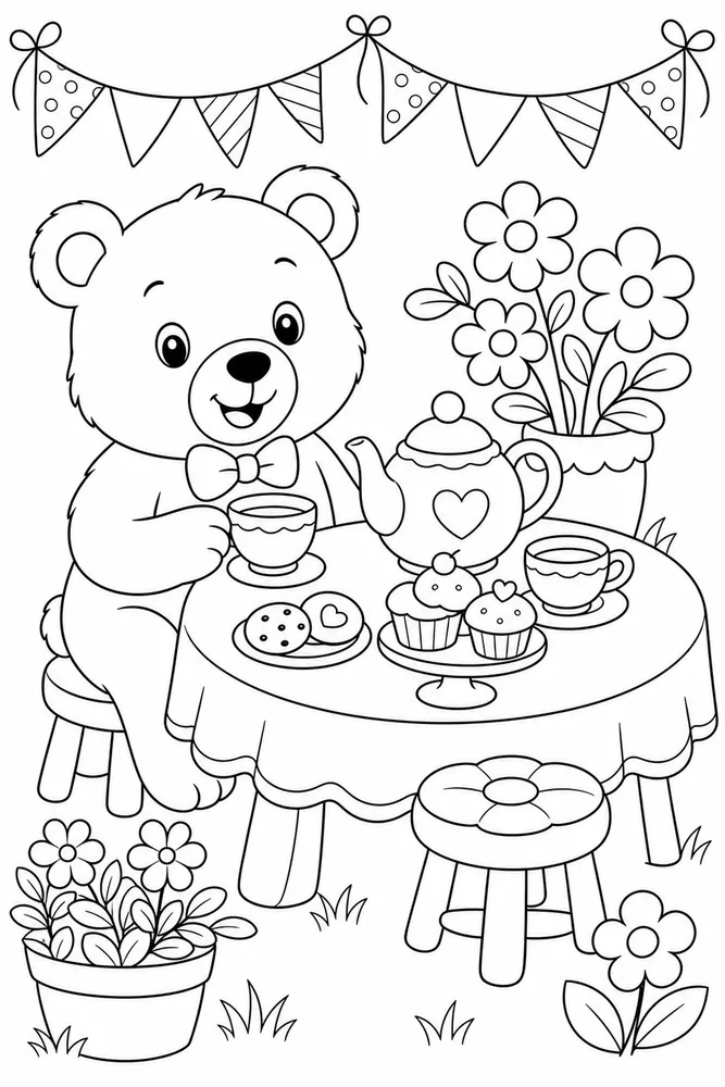 Cute Bear Bear Tea Party coloring page