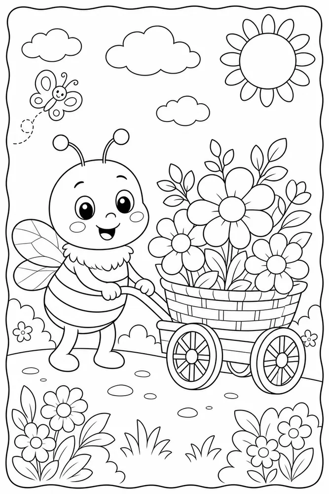 Cute Bee Bee Flower Cart coloring page