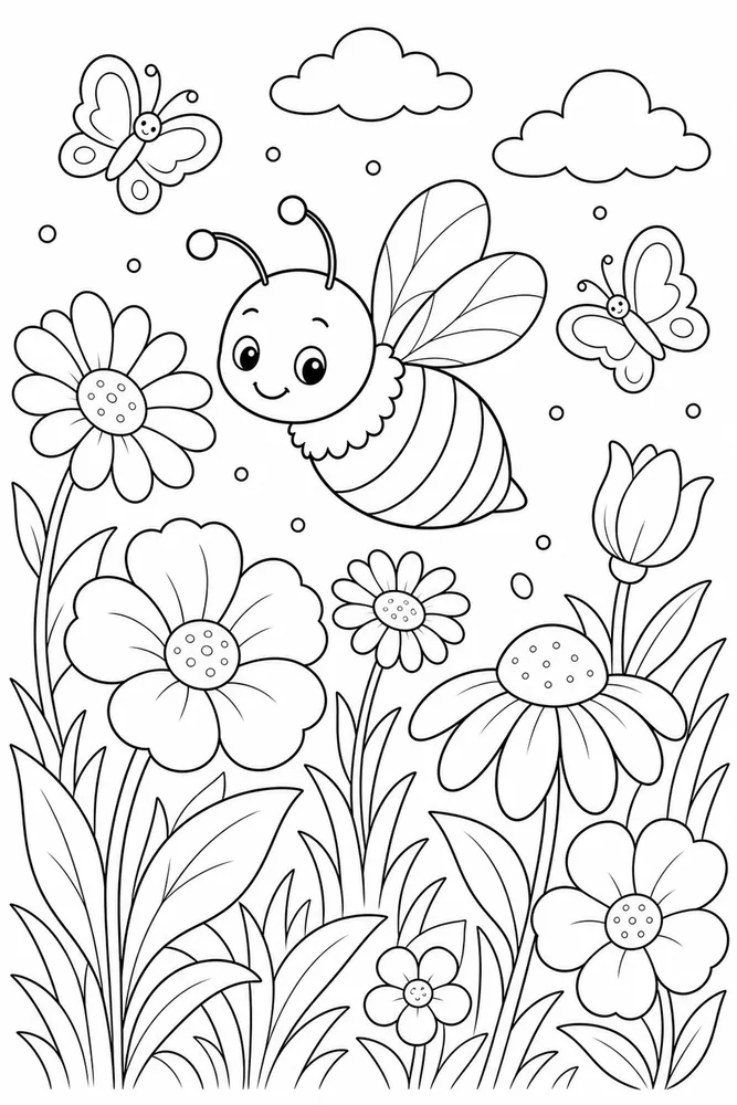 Cute Bee Coloring Pages preview: Cute Bee Bee Flower Meadow coloring page