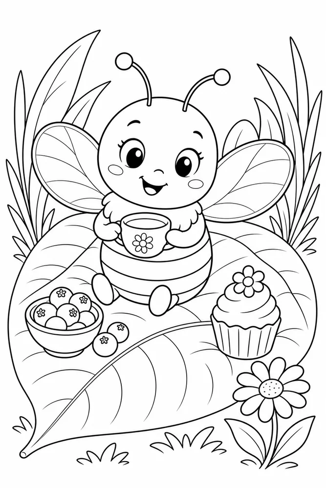 Cute Bee Bee Picnic Leaf coloring page