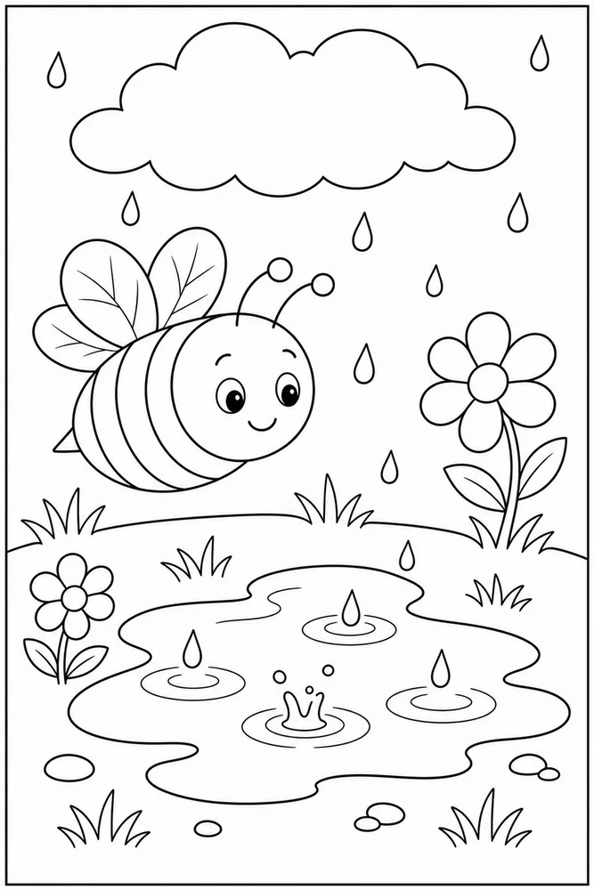 Cute Bee Bee Rain Puddle coloring page