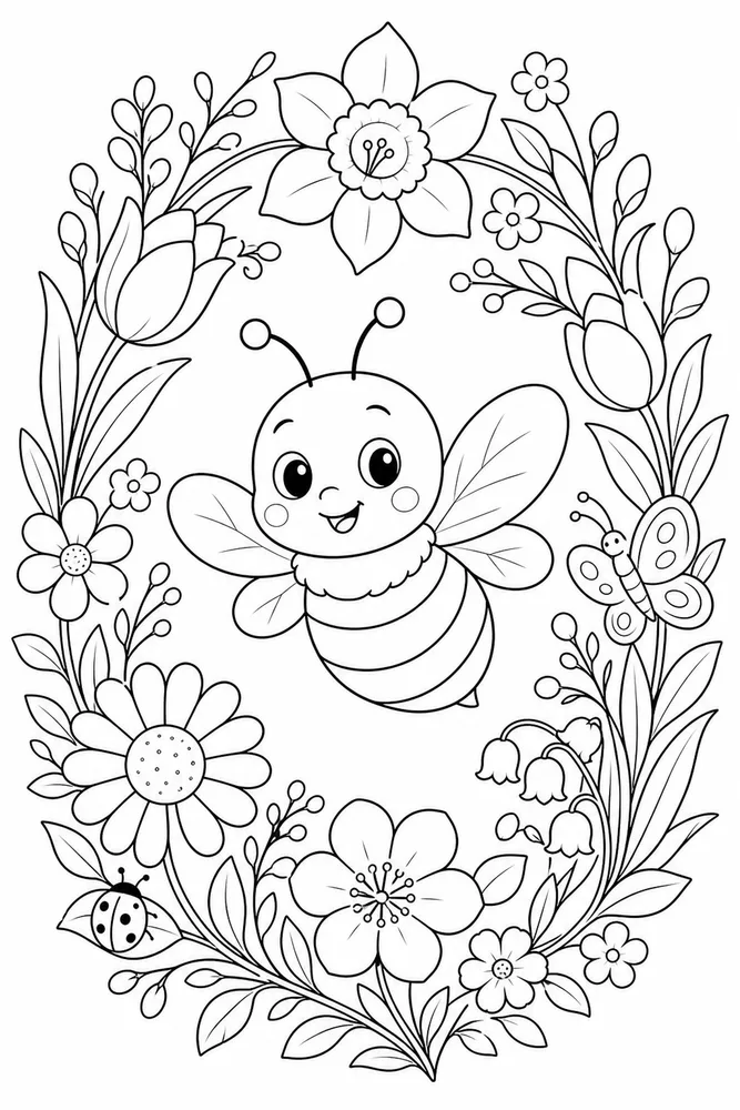 Cute Bee Bee Spring Wreath coloring page