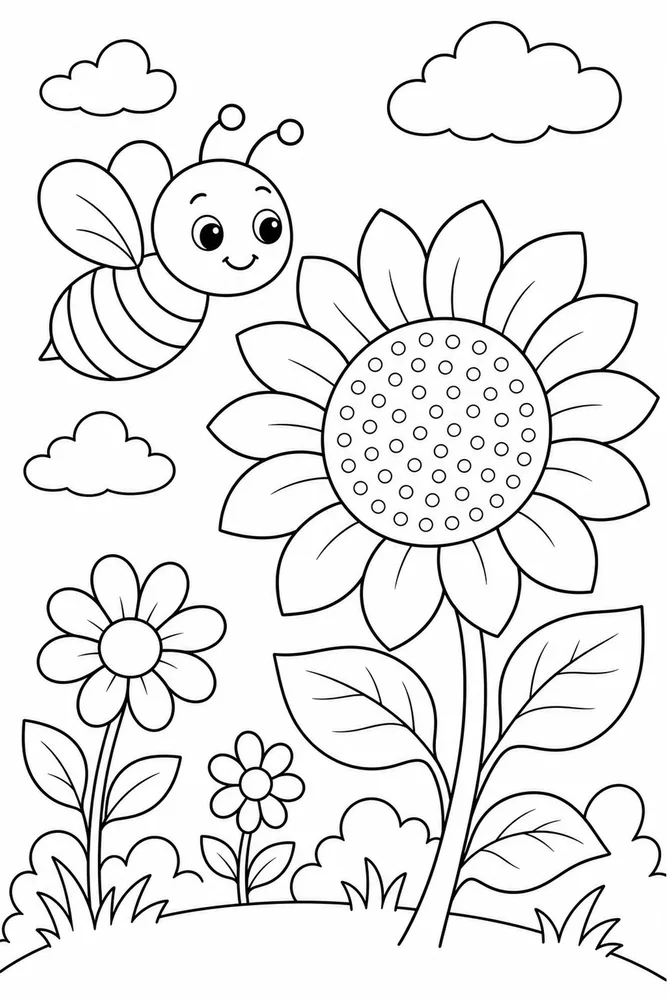 Cute Bee Bee Sunflower Visit coloring page
