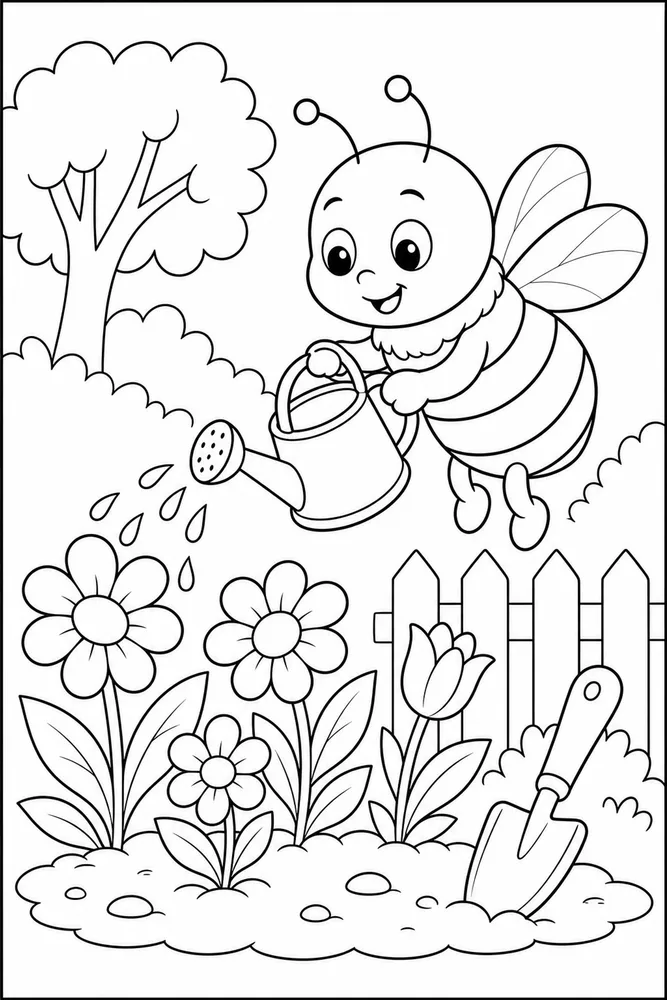 Cute Bee Bee Watering Can Garden coloring page