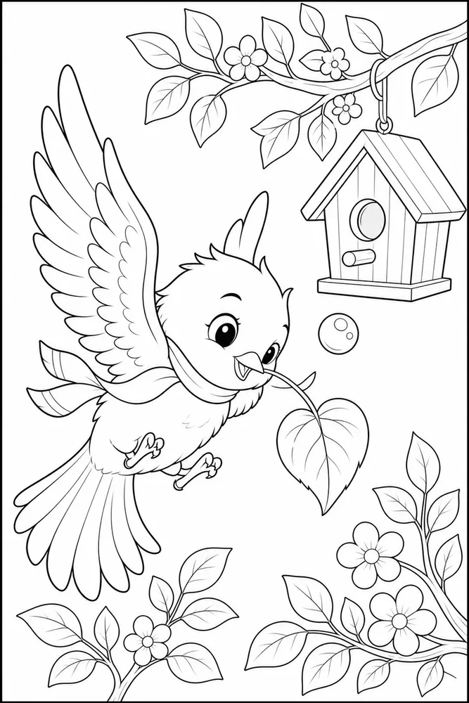 Cute Bird Cute bird birdhouse scene coloring page
