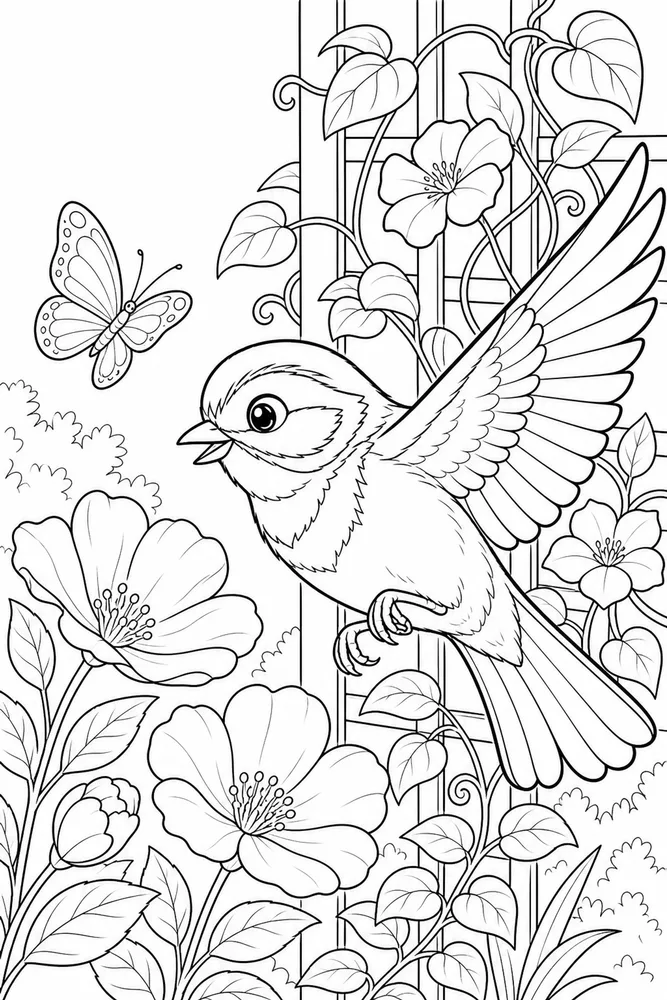 Cute Bird Cute bird garden flight coloring page