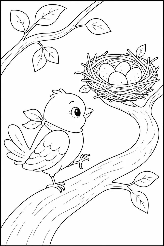 Cute Bird Cute bird nest scene coloring page