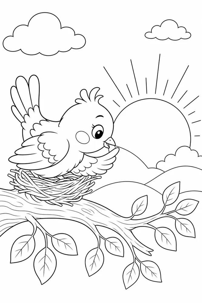 Cute Bird Cute bird sunrise branch coloring page