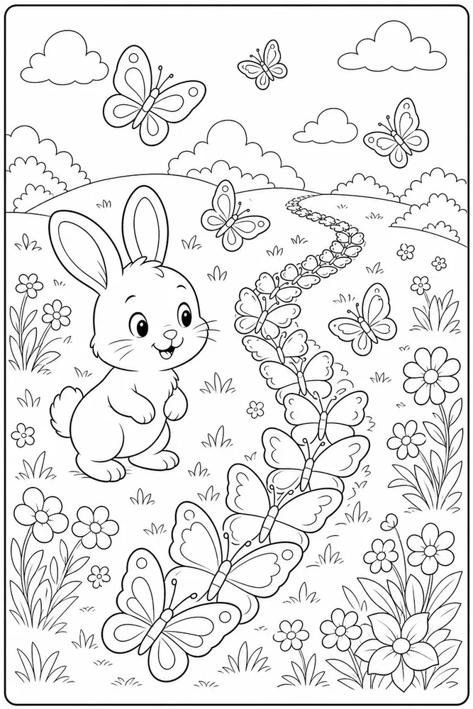 Cute Bunny Bunny Butterfly Path coloring page