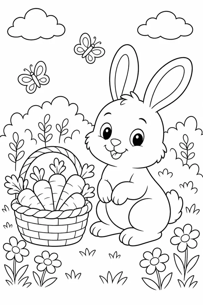 Cute Bunny Bunny Carrot Basket coloring page