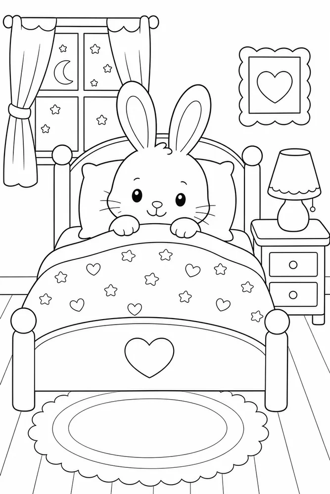 Cute Bunny Bunny Cozy Bed coloring page