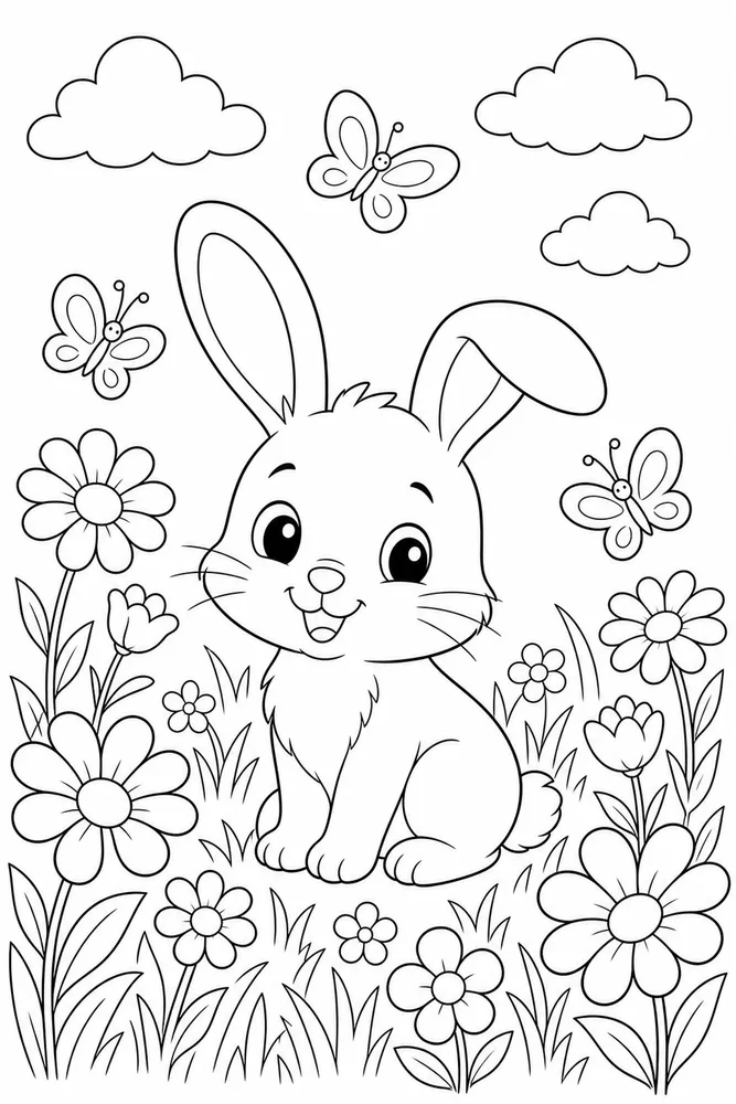 Cute Bunny Coloring Pages preview: Cute Bunny Bunny Flower Meadow coloring page