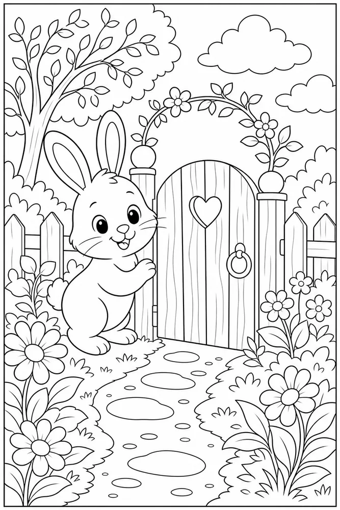 Cute Bunny Bunny Garden Gate coloring page