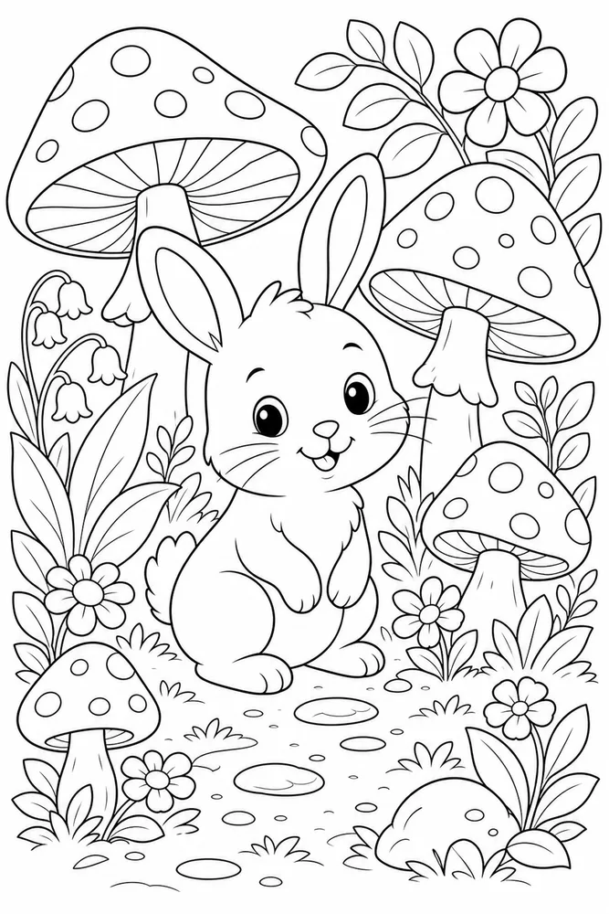 Cute Bunny Bunny Mushroom Garden coloring page