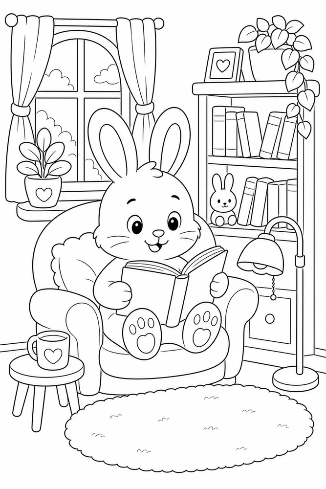 Cute Bunny Bunny Reading Nook coloring page
