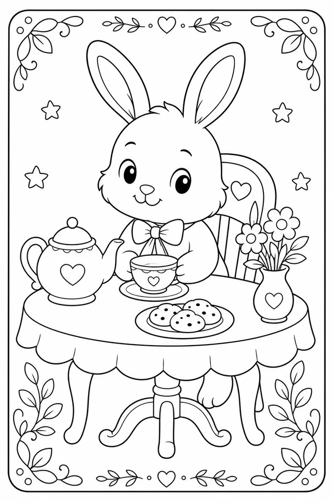 Cute Bunny Bunny Tea Table coloring page