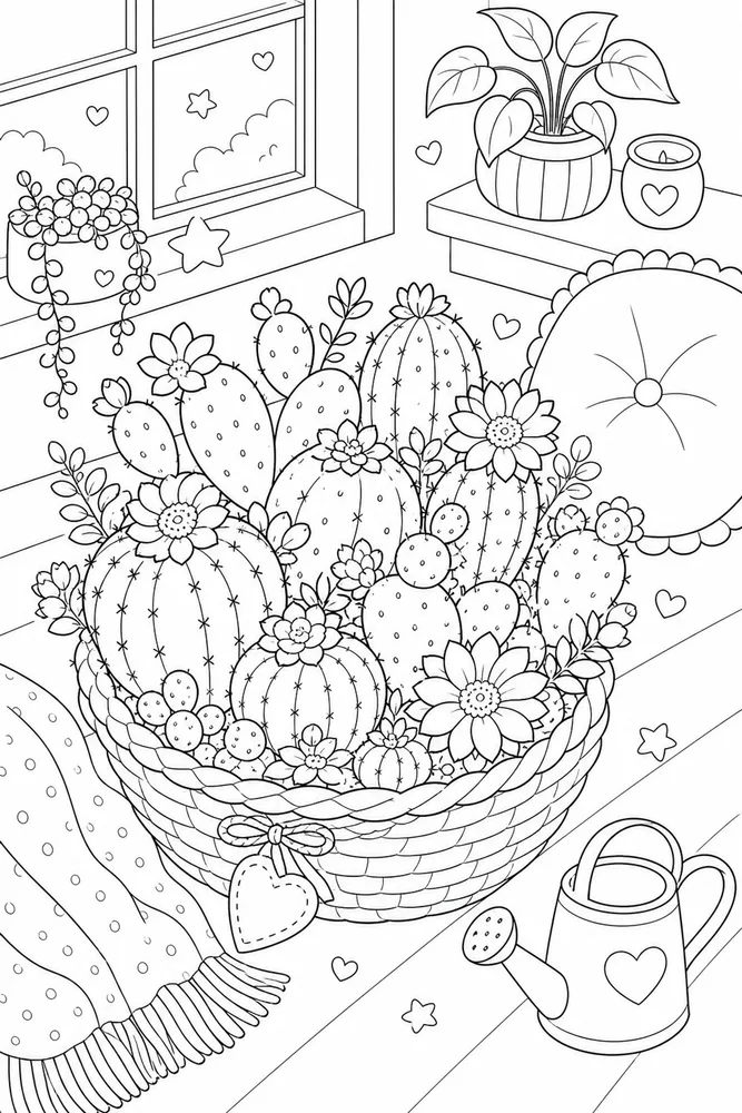 Cute Cactus Cute cactus cozy indoor moment coloring page