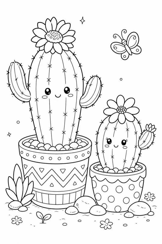 Cute Cactus Cute cactus family scene coloring page
