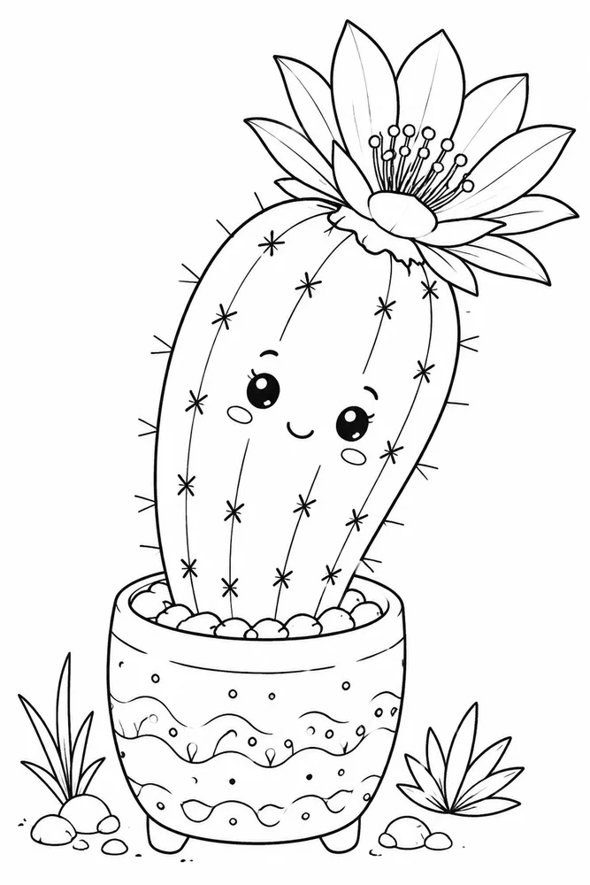Cute Cactus Coloring Pages preview: Cute Cactus Cute cactus front portrait coloring page