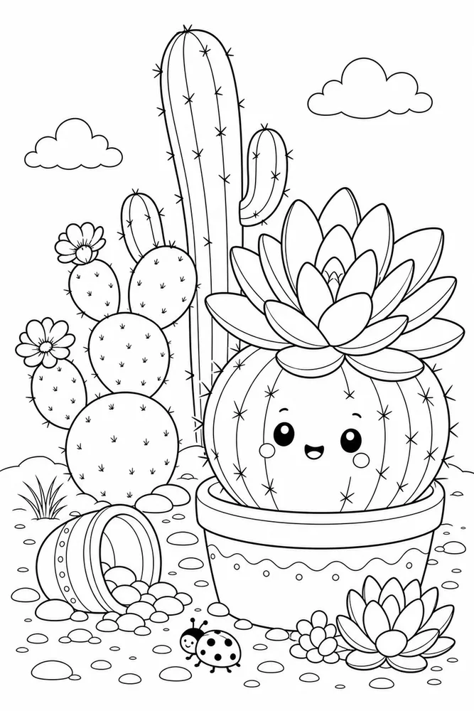 Cute Cactus Cute cactus garden setting coloring page