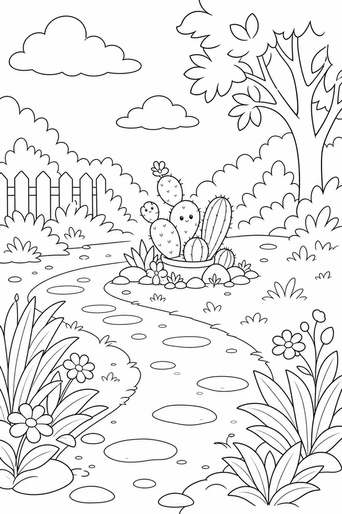 Cute Cactus Cute cactus outdoor path coloring page