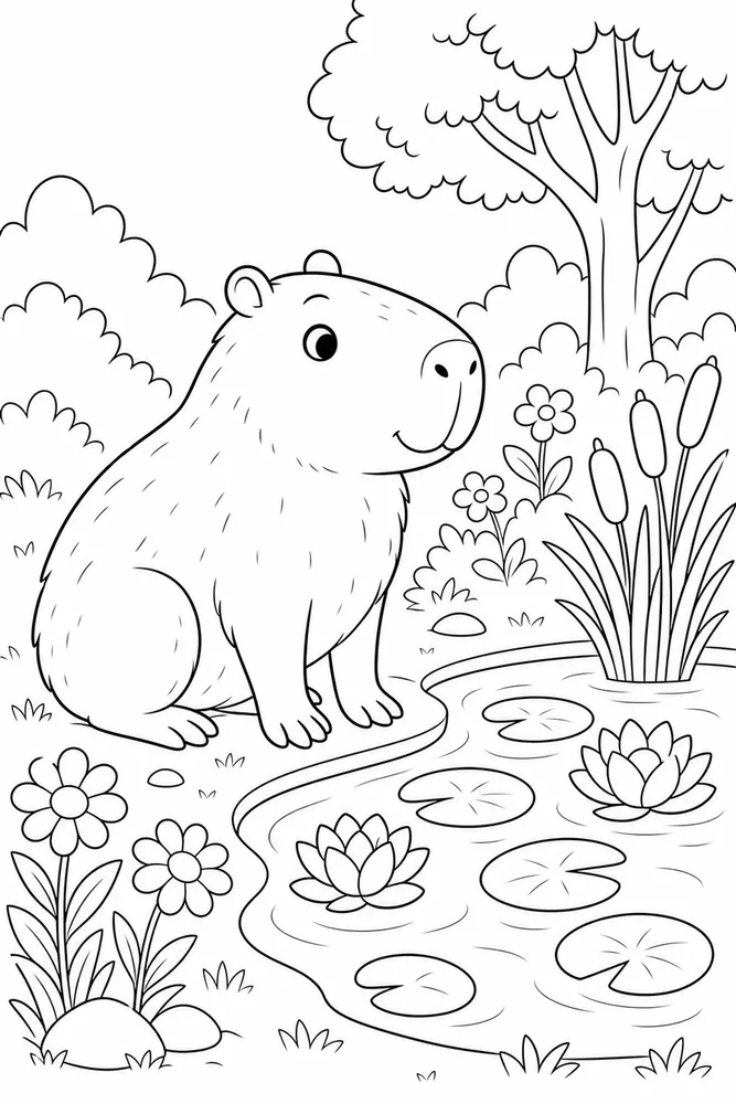 Cute Capybara Capybara Flower Pond coloring page