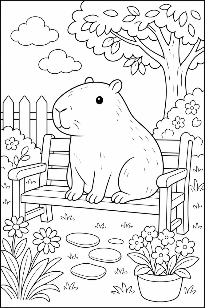 Cute Capybara Capybara Garden Bench coloring page