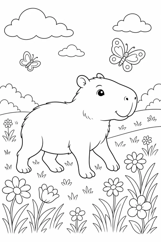 Cute Capybara Capybara Meadow Walk coloring page