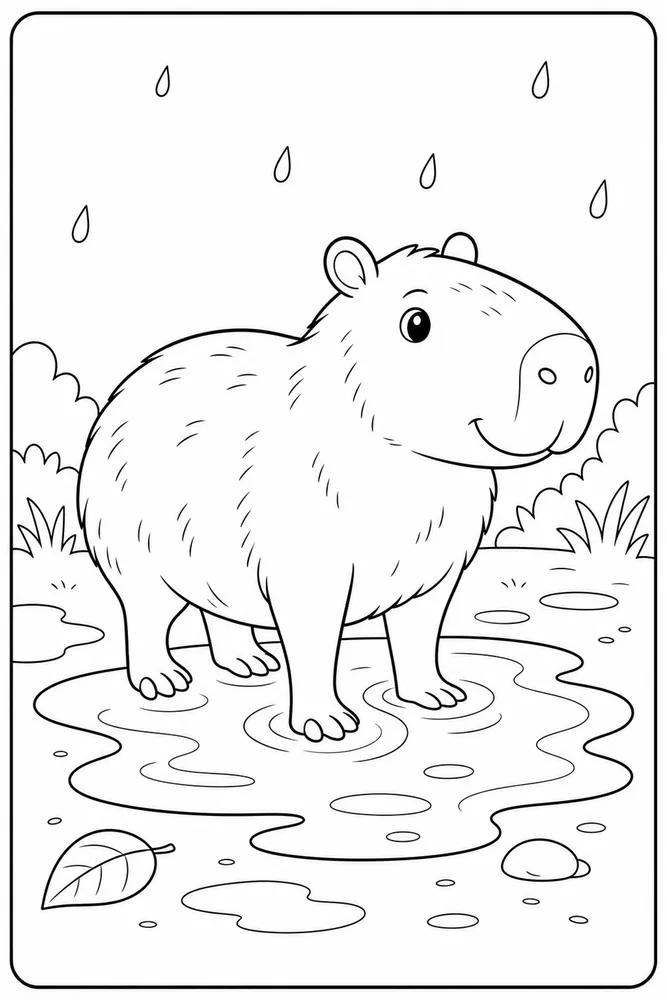 Cute Capybara Capybara Rain Puddle coloring page