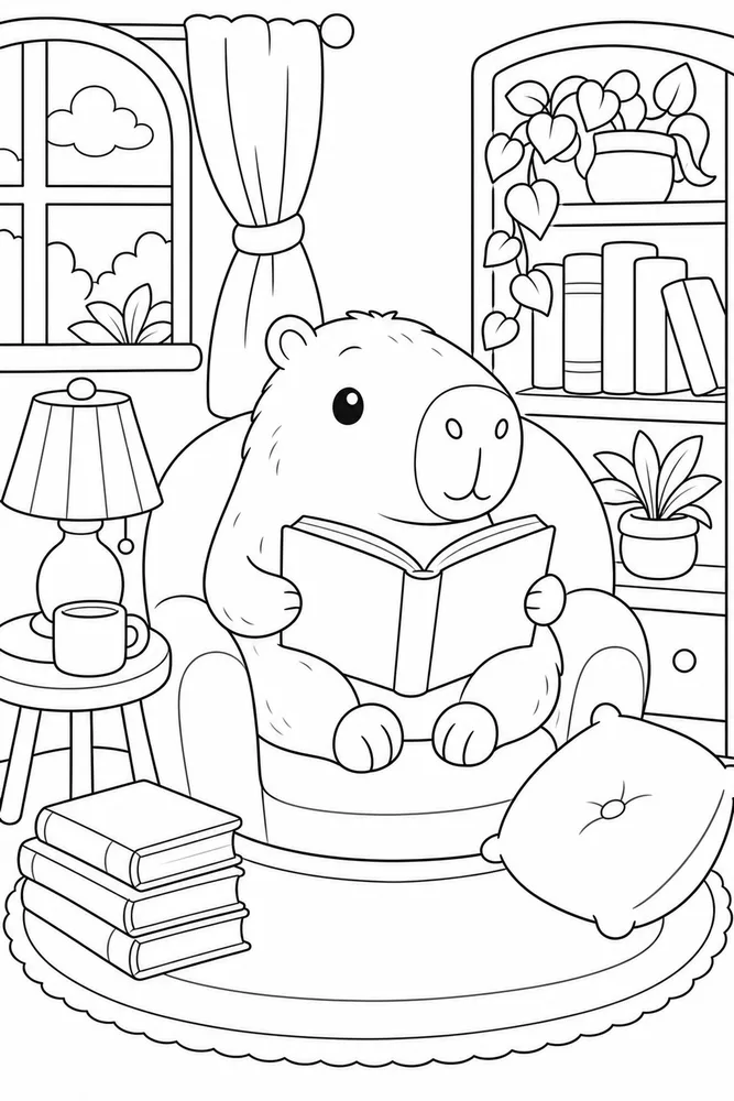 Cute Capybara Capybara Reading Nook coloring page