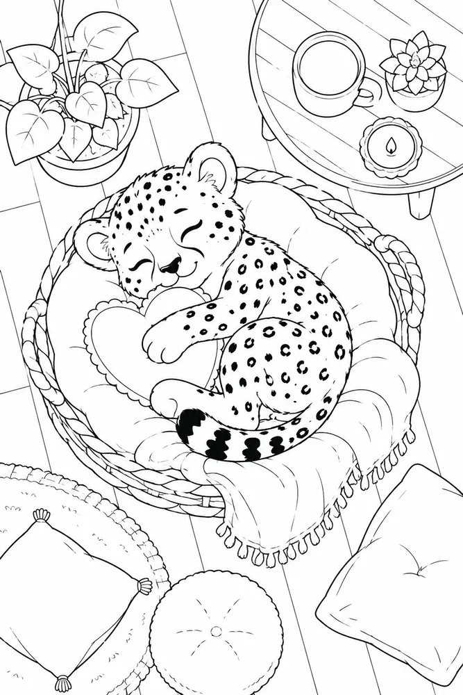 Cute Cheetah Cute cheetah cozy indoor moment coloring page