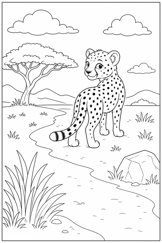 Cute Cheetah Cute cheetah habitat background coloring page
