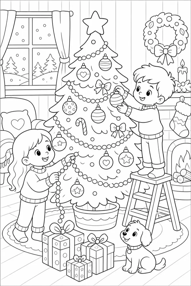 Cute Christmas Coloring Pages preview: Cute Christmas Cozy Tree Decorating coloring page