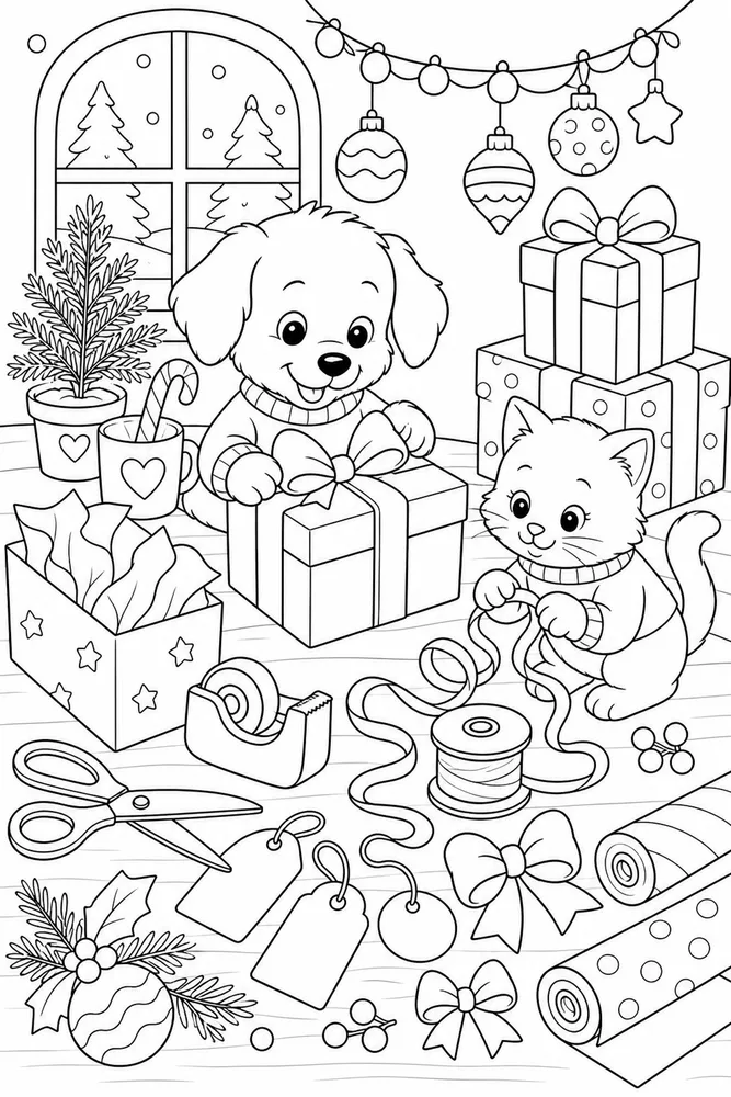 Cute Christmas Gift Wrapping Corner coloring page