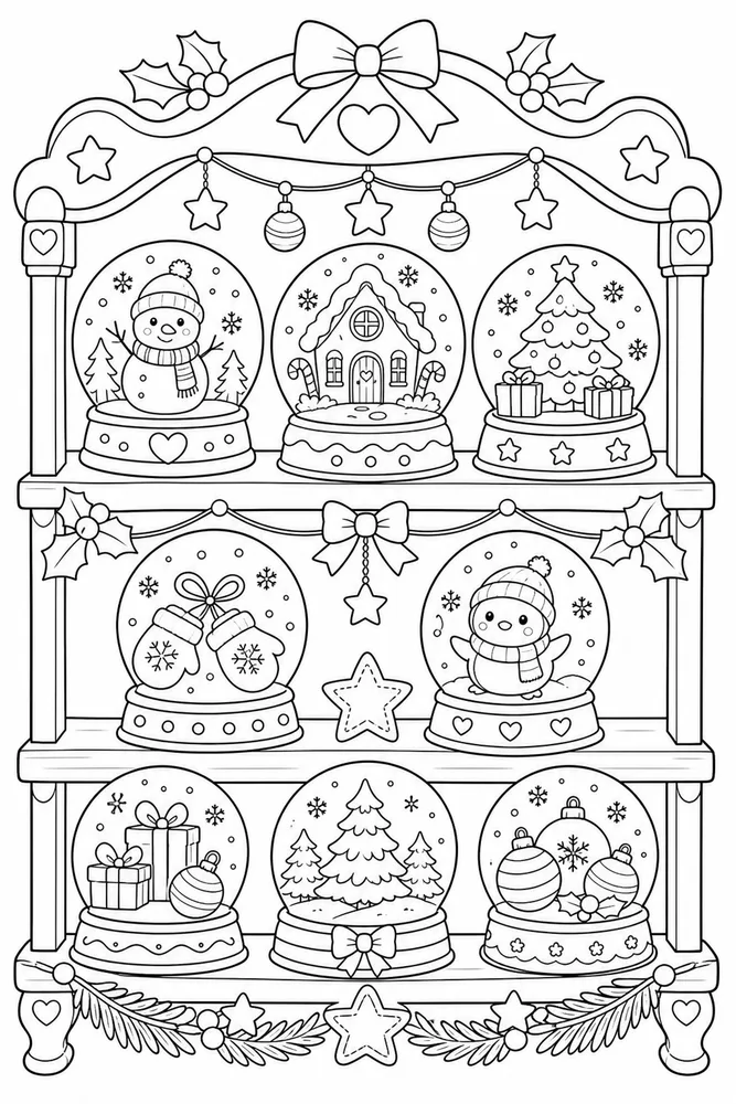 Cute Christmas Snow Globe Shelf coloring page