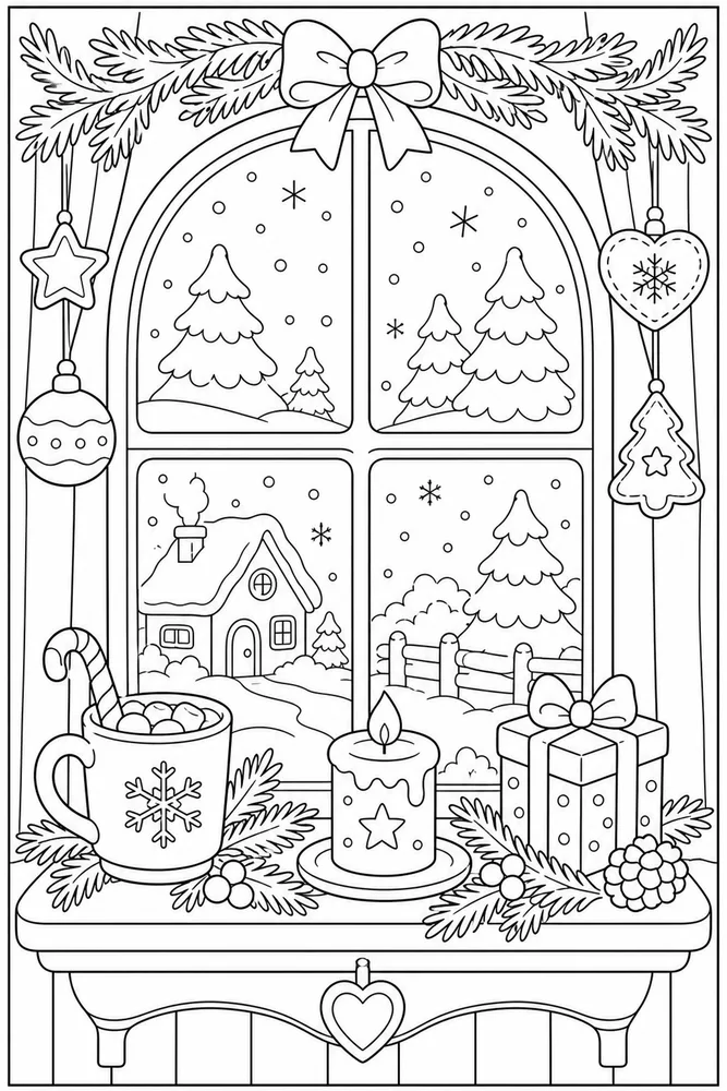 Cute Christmas Snowy Window coloring page