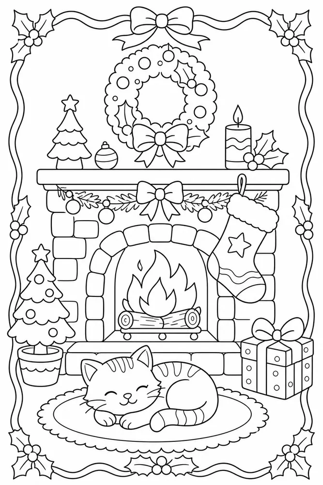 Cute Christmas Stocking By Fireplace coloring page
