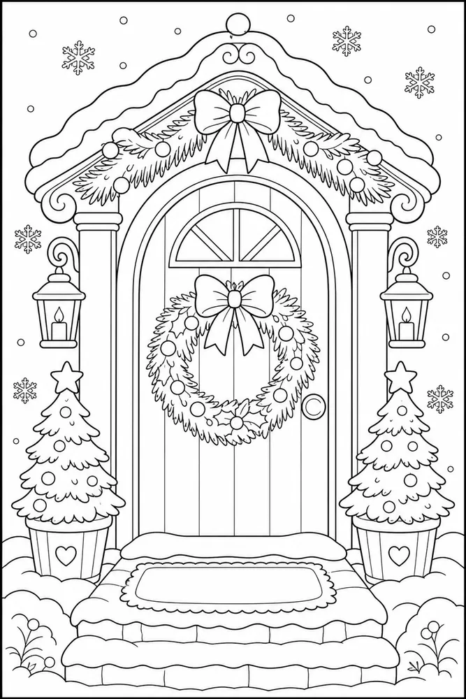Cute Christmas Winter Wreath Doorway coloring page