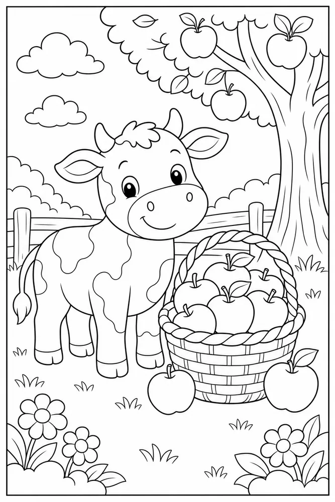 Cute Cow Cow Apple Basket coloring page