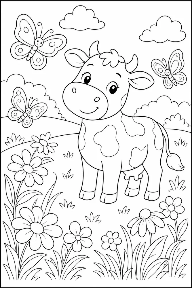 Cute Cow Cow Butterfly Meadow coloring page