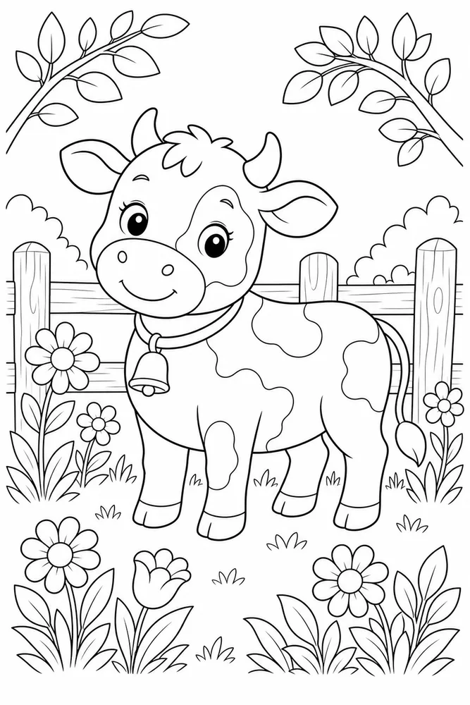Cute Cow Cow Garden Fence coloring page