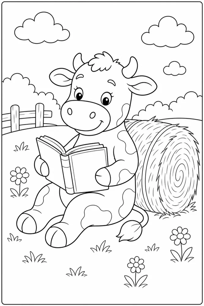 Cute Cow Cow Hay Bale Reading coloring page