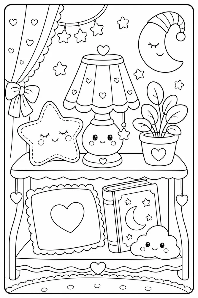 Cute Cozy Bedtime Lamp Shelf coloring page