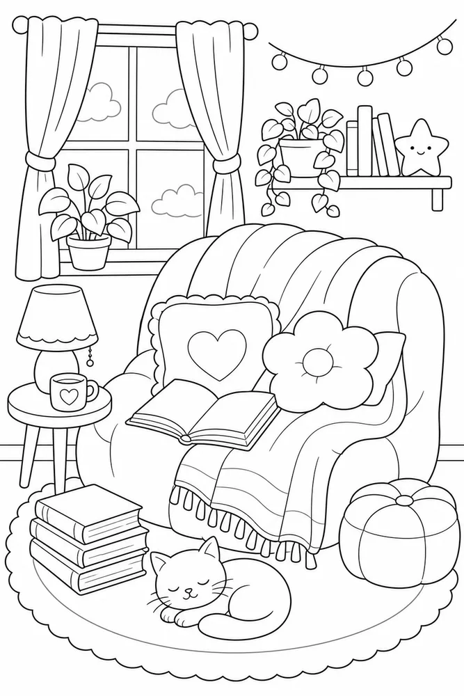 Cute Cozy Coloring Pages preview: Cute Cozy Blanket Reading Nook coloring page